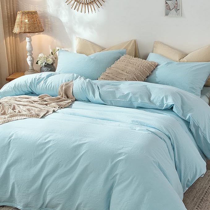 MooMee Bedding Duvet Cover Set 100% Washed Cotton Linen Like Textured Breathable Durable Soft Comfy (Heathered Light Blue, Full 80"x90")