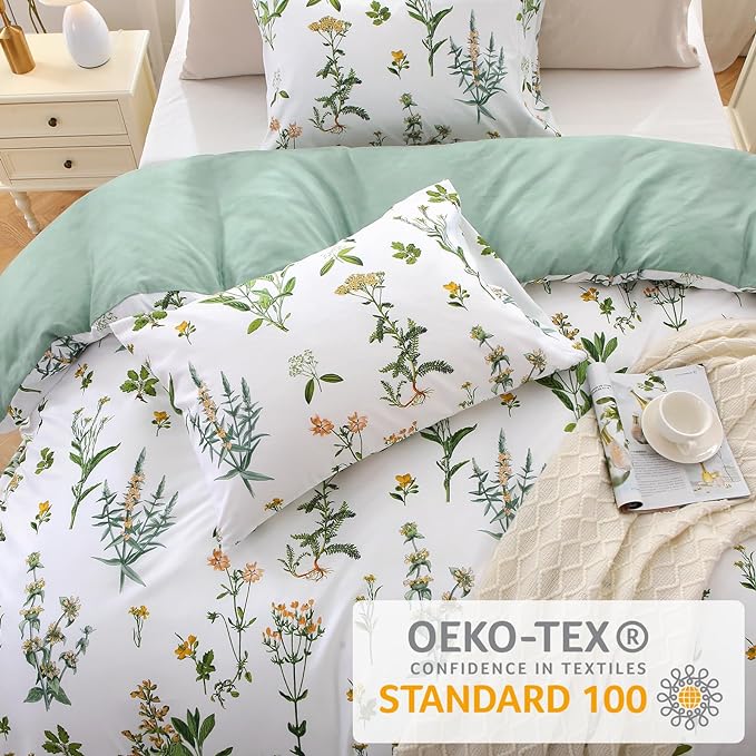 MUXHOMO Duvet Cover Queen Size, Reversible Floral Green Flower Duvet Cover Set with Zipper Closure, 3 Pieces Botanical Patterns Soft Microfiber Bedding Set with 4 Ties (90"x90", 2 Pillow Cases)