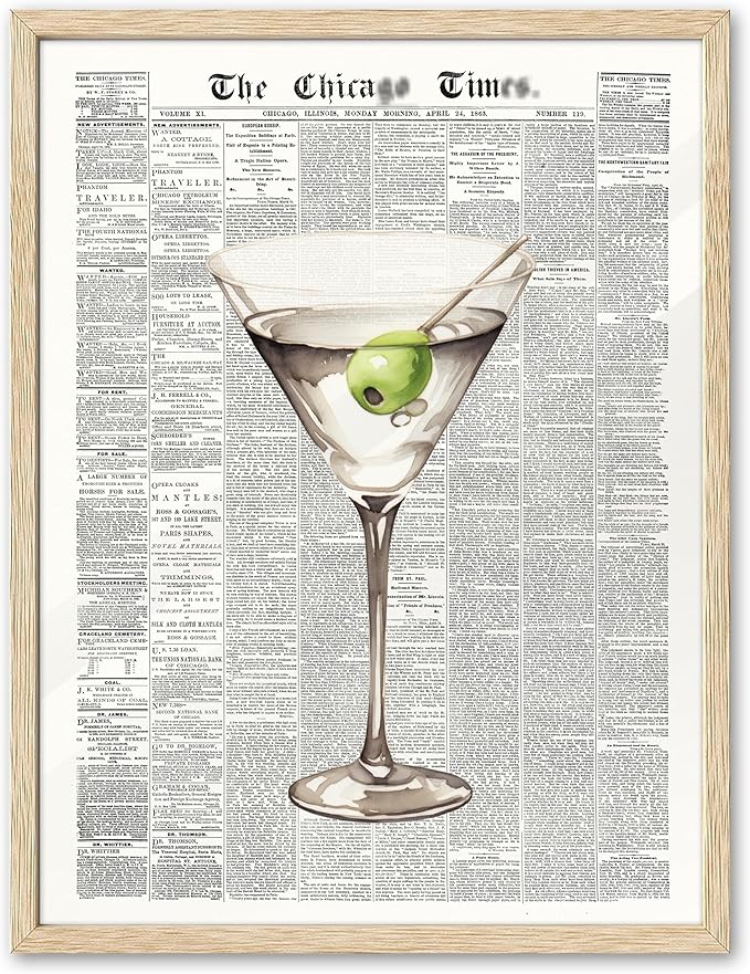 EcoHest Trendy Newspaper Martini Framed Wall Art, 16x20 in Large OAK Wood Retro Bar Cart Canvas Art, Magazine Aesthetic Apartment Art, Beige Logs Funky 70's Set of 1 for Bedroom Living Room