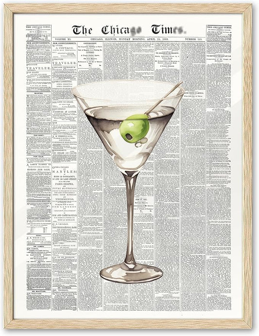 EcoHest Small Trendy Newspaper Martini Framed Wall Art, 8x10 in OAK Wood Retro Bar Cart Canvas Art, Magazine Aesthetic Apartment Art, Funky 70's Set of 1 for Bedroom Living Room