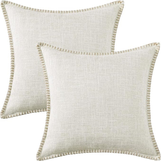 decorUhome Decorative Outdoor Throw Pillow Covers 22x22 Set of 2, Square Linen Rustic Neutral Farmhouse Euro Pillow Covers with Stitched Edge for Couch, Sofa, Living Room, Beige