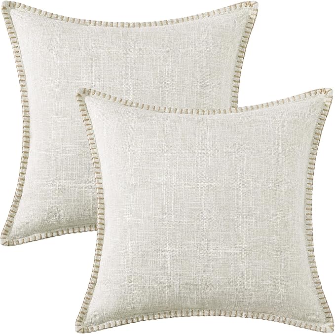 decorUhome Decorative Outdoor Throw Pillow Covers 20x20 Set of 2, Square Linen Rustic Neutral Farmhouse Euro Pillow Covers with Stitched Edge for Couch, Sofa, Living Room, Beige