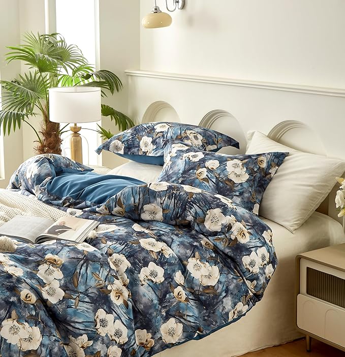 Cupocupa Boho Floral Duvet Cover Twin Set - Watercolor Botanical Microfiber Bedding, Vintage Coastal Style with Hidden Zipper & Corner Ties, Fade/Stain/Wrinkle Resistant (1 Cover + 1 Pillowcase)