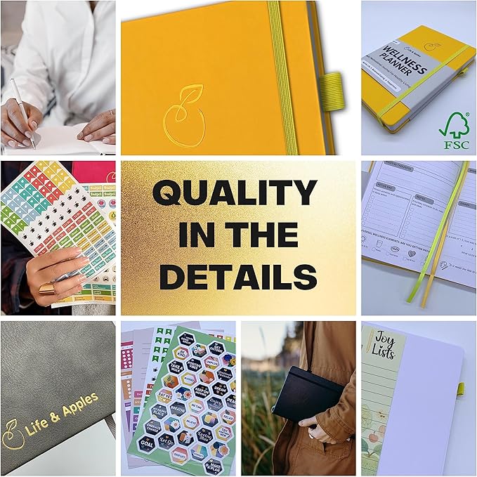 Life & Apples Wellness Journal Planner – Food Log, Fitness Tracker, Habit Tracker, Weight Loss Journal for Diet Tracking and Health Goals, Undated, Size A5 Yellow