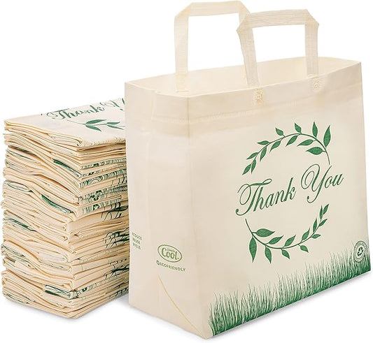 Simply Cool 50 Pack Reusable Thank You-Have a Nice Day Eco-Friendly Large Grocery Shopping Bags 14.5"x14"x6.6" Durable, Recyclable, Washable, Foldable Tote Bags Bulk