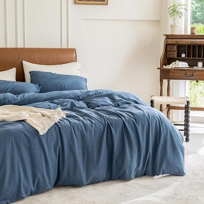 FOSSA Duvet Cover Set 100% Washed Cotton 3 Pieces Bedding Set Twill Soft Cozy Breathable Sturdy Substantial with Textured Weave Solid Federal Blue King
