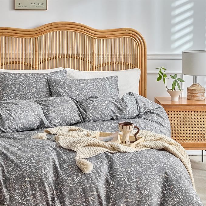 mixinni 3 Pieces Duvet Covers Queen Size, 100% Cotton Comforter Cover Wildflower Printed on Grey Floral Bedding Set with Zipper Closure 4 Ties (1 Duvet Cover 90"x90", 2 Pillow Cases 20"x26")