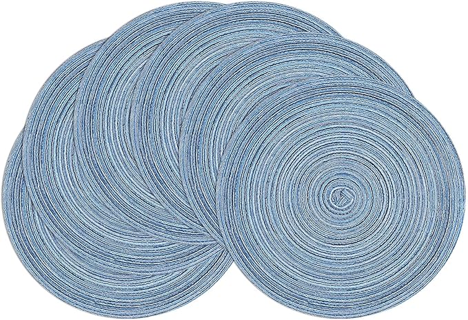 SHACOS Round Braided Placemats Set of 6 Circle Place Mats Kitchen Table Mats for Dining Table Wedding Party (Blue Gray, 6)