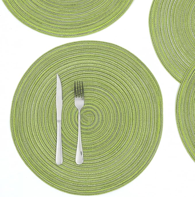 SHACOS Round Placemats Set of 8 Washable 15 inch Round Table Mats Braided Non Slip Fabric Place Mats for Dining Table Indoor (Pea Green, 8)