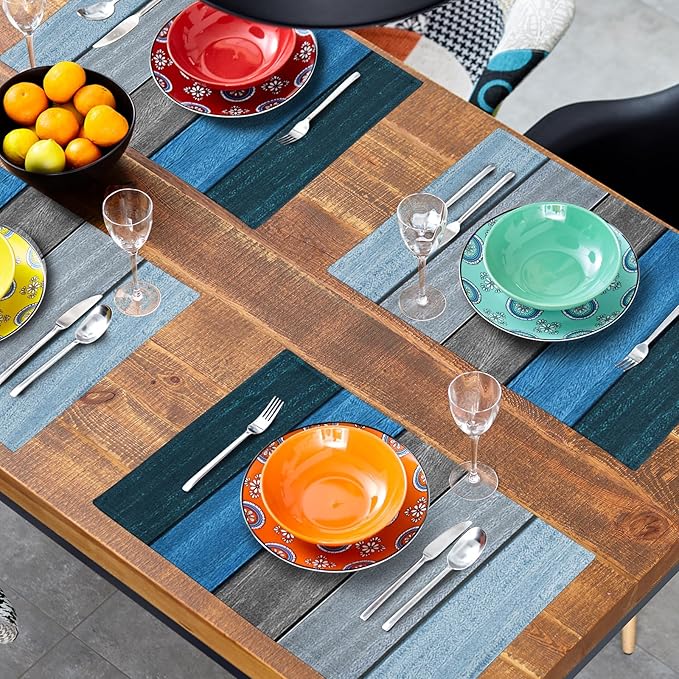 Giwawa Rustic Wood Placemats Set of 4- Navy Blue Grey Wooden Board Linen Place Mat 12x18 Inch- Farmhouse Country Style Washable Heat Resistant Table Mats for Kitchen Dining Cabin Decor