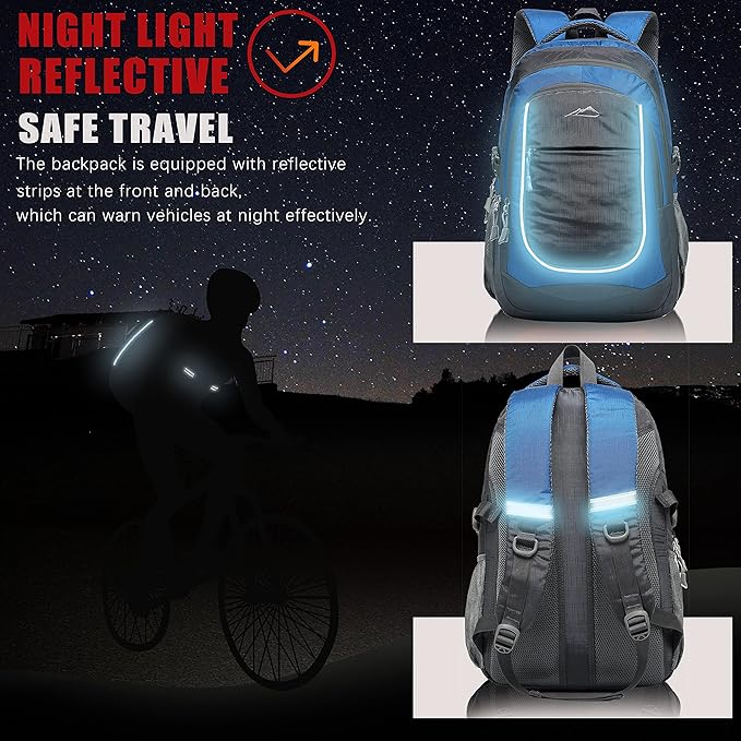 ProEtrade Extra Large Backpack Bookbag for College Travel Laptop Business Hiking Backpack Fit Laptop Up to 17 Inch Sturdy Multi Compartment Gifts for Men Women Night Light Reflective (Light Blue)