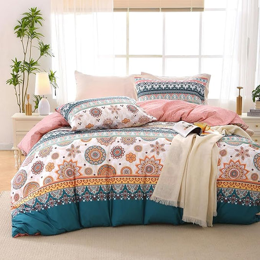 MUXHOMO Duvet Cover Full Size Floral Duvet Cover Set with Zipper Closure, Boho Flower Bedding Set, 3 Pieces, 1 Duvet Cover 80"x90" with 4 Corner Ties and 2 Pillowcases 20"x26"