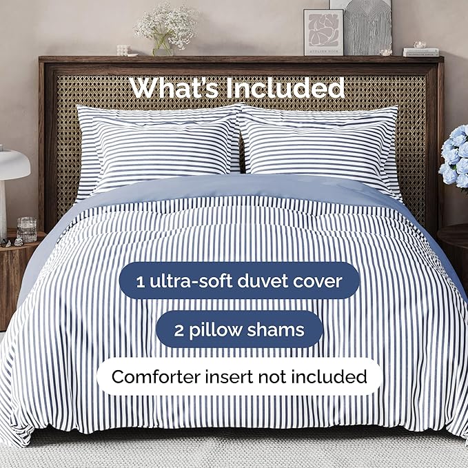 Duvet Cover Full Size Set - Extra Soft Full Size Duvet Cover 80 x 90 with 2 Pillow Shams - Hotel Luxury Easy Care and Fade Free w/Zipper Closures & Ties - Comfy Breathable Bedding Set (Blue Stripes)