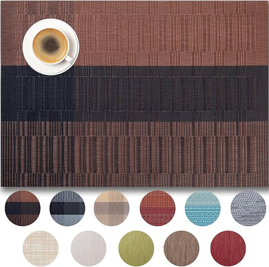 Placemats Set of 6 - Easy Clean Woven Vinyl Placemats for Dining Table, Indoor/Outdoor Place Mats, Washable PVC Table Mats （Ombre Brown Black）