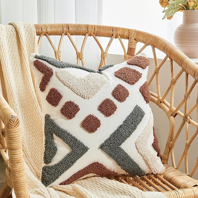 lifein 18x18 Pillow Covers-Throw Pillow Cover,Tufted Boho Jacquard Pillow Covers,Farmhouse Decorative Pillow Cover,Pillow Cases for Couch,Sofa,Bed,Chair,Living Room,Home Decor(18x18inch)