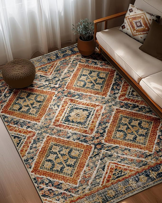 Area Rug 6x9 Rug Machine Washable Non-Slip Low Pile Print Pattern Western Rug for Living Room Bedroom Entryway Tribal Series -Orange/Brown