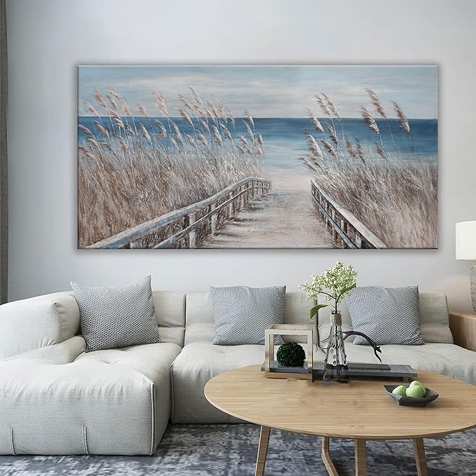 Canvas Wall Art Decor Large Modern Wall Art Decorations Blue Beach Coastal Artwork for Walls Textured Wall Art Prints Pictures Wall Decor Wall Art Bedroom 29"X58" For Room Living Room Office Wall Decor
