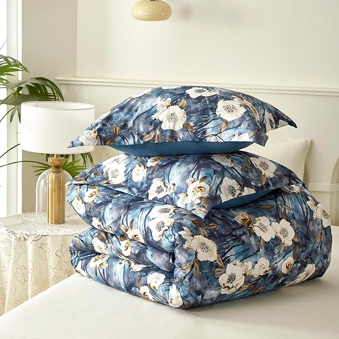 Cupocupa Boho Floral Duvet Cover Twin Set - Watercolor Botanical Microfiber Bedding, Vintage Coastal Style with Hidden Zipper & Corner Ties, Fade/Stain/Wrinkle Resistant (1 Cover + 1 Pillowcase)