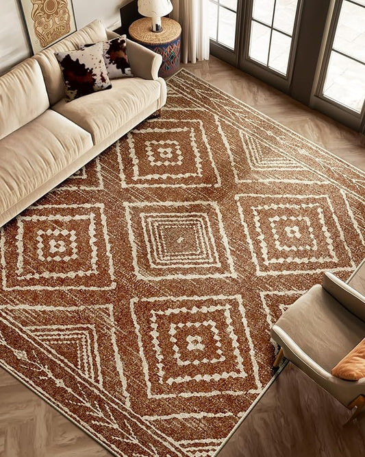Area Rug 8x10 Rug Machine Washable Non-Slip Low Pile Print Pattern Western Rug for Living Room Bedroom Entryway Tribal Series -Yellowbrown/Cream