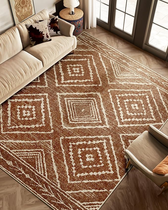 Area Rug 5x7 Rug Machine Washable Non-Slip Low Pile Print Pattern Western Rug for Living Room Bedroom Entryway Tribal Series -Yellowbrown/Cream