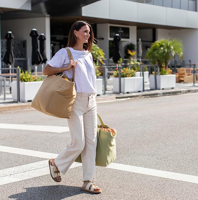 VeraMia Canvas Grocery Bag 3pc XL Set with Real Pockets, Long Shoulder Strap and Short Handle. Heavy Duty, Foldable, Washable