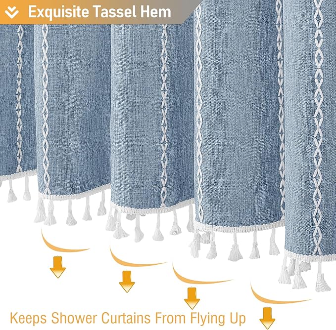 BTTN Boho Farmhouse Shower Curtain, Linen Rustic Weighted Striped Fabric Shower Curtain Set with Tassel, Water Repellent, Bohemian Vintage Country Cloth Shower Curtains for Bathroom, Blue, 72x72