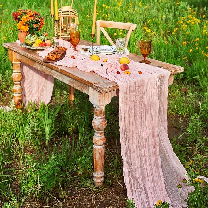 2 Pieces Pink Cheesse Cloth Table Runners 10FT for Bridal Shower Decorations Blush Pink Cheesecloth Table Runner Wedding Runner for Wedding Baby Shower Birthday Boho Table Decorations