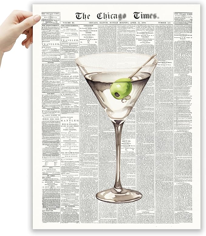 EcoHest UnFramed Trendy Newspaper Martini Wall Art, 12x16 in OAK Wood Retro Bar Cart Canvas Art, Magazine Aesthetic Apartment Art, Beige Logs Funky 70's Set of 1 for Bedroom Living Room