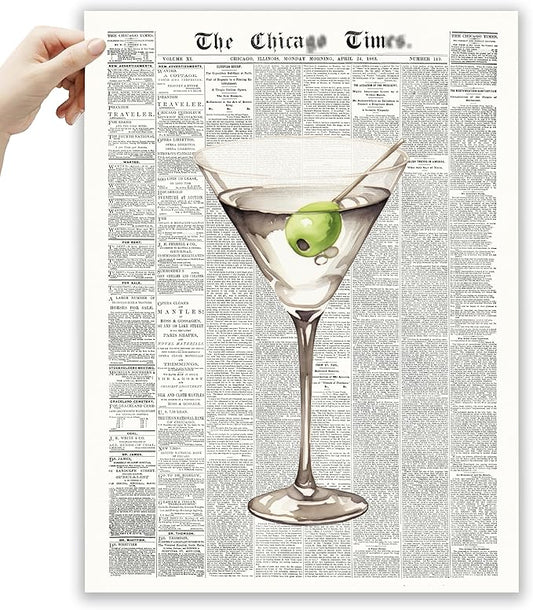 EcoHest UnFramed Trendy Newspaper Martini Wall Art, 12x16 in OAK Wood Retro Bar Cart Canvas Art, Magazine Aesthetic Apartment Art, Beige Logs Funky 70's Set of 1 for Bedroom Living Room