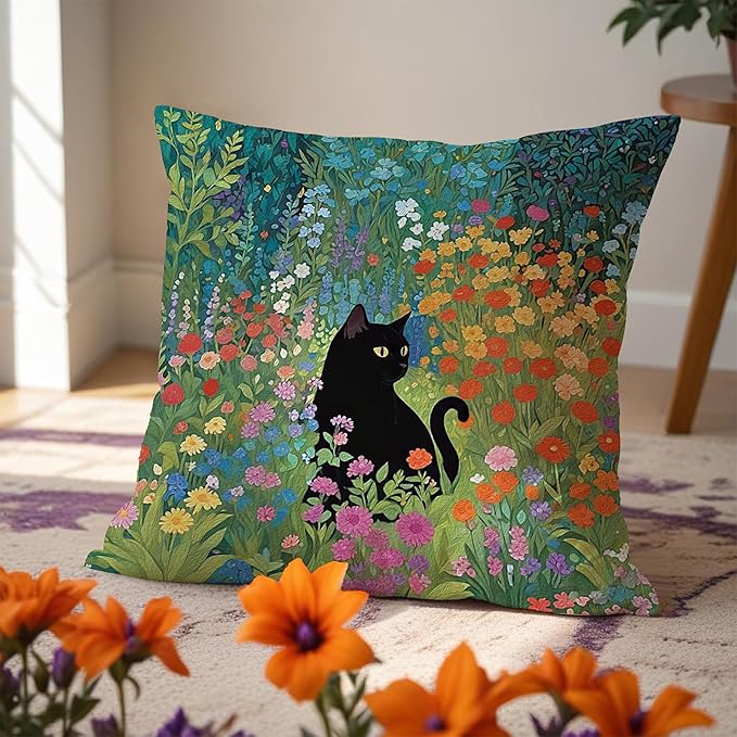 Floral Black Cat Pillow Covers 18x18, Cats Lovers Lady Gifts, Cat Mom Grandma Gifts, Cats in Colorful Wildflower Decorative Pillow Covers for Home Bedroom Living Room Office Decor