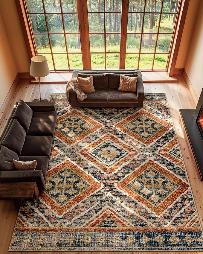Area Rug 9x12 Rug Machine Washable Non-Slip Low Pile Print Pattern Western Rug for Living Room Bedroom Entryway Tribal Series -Orange/Brown