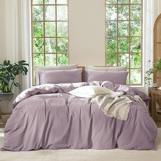 MooMee Bedding Duvet Cover Set 100% Washed Cotton Linen Like Textured Breathable Durable Soft Comfy (Solid Taro Purple, Palatial King/Oversized King 120"x98")