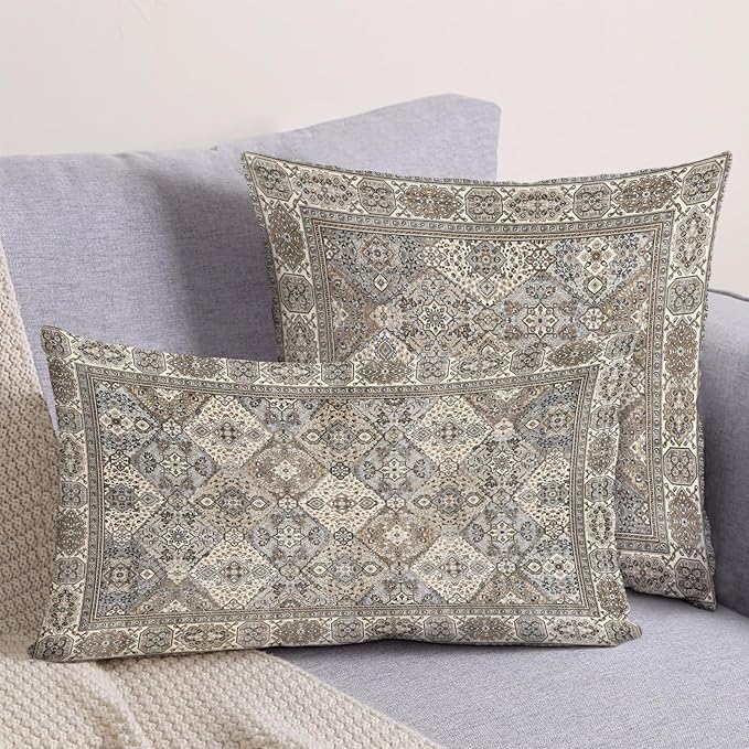 Boho Floral Throw Pillow Covers 12x20 inch Set of 2,Boho Rug Geometric Floral Pattern Decor Double Sided Pattern Cushion Cover Soft Pillow Case Living Sofa Room Bed Square Pillow Cover