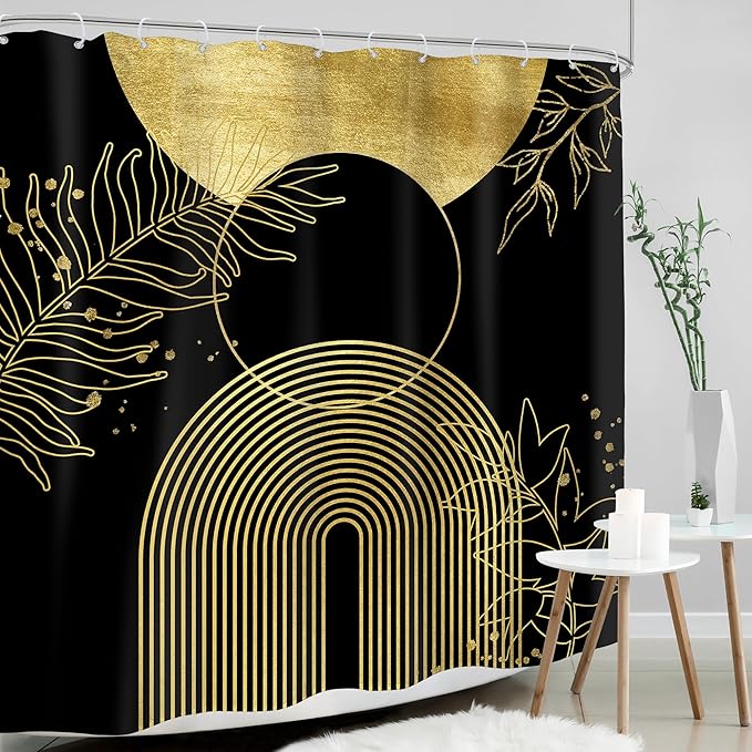 Black Gold Boho Shower Curtain 72Wx72H Bohemian Mid Century Modern Abstract Golden Leaves Plant Botanical Bathroom Decor Minimalist Geometric Neutral Bath Curtain Fabric Polyester 12 Pack Hooks