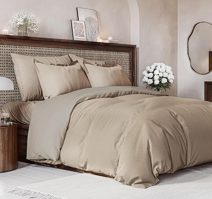 Duvet Cover Queen Size Set - Extra Soft Queen Size Duvet Cover 90 x 90 with 2 Pillow Shams - Hotel Luxury Easy Care and Fade Free w/Zipper Closures & Ties - Breathable Bedding Set (Heathered Beige)
