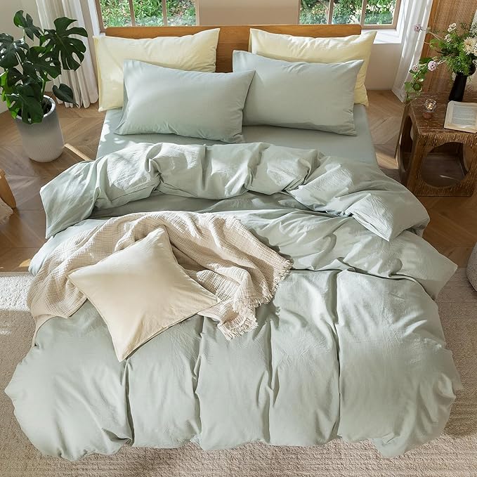 MooMee Bedding Duvet Cover Set 100% Washed Cotton Linen Like Textured Breathable Durable Soft Comfy (Heathered Sage Green, Palatial King/Oversized King 120"x98")