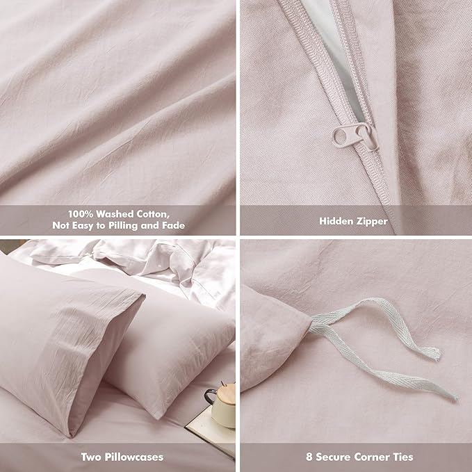 FOSSA Duvet Cover Set 100% Washed Cotton Linen Feel Super Soft Breathable Cozy 3 Pieces Bedding Sets Solid Greyish Pink Oversized Queen