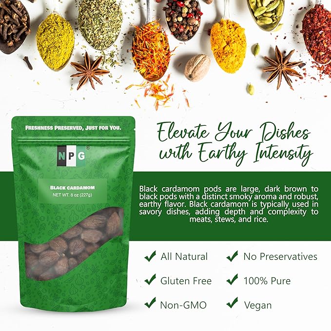 NPG Premium Black Cardamom Pods (Tsao Ko/Cao Guo) 8 Ounces Whole, Large, and Aromatic Brown Seed Pods, All-Natural Non-GMO Spice for Indian Biryani, Curry, Vietnamese Pho, Chinese Stews, and Middle Eastern Cooking