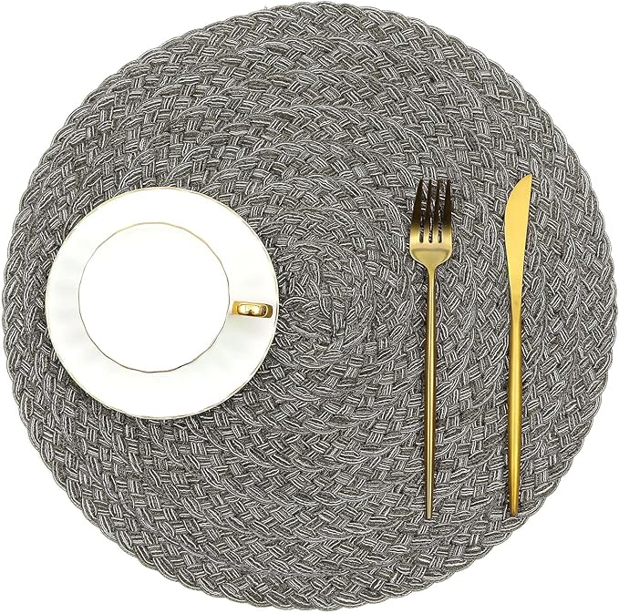 SHACOS Round Braided Placemats Set of 6 Thick Woven Placemats Washable 15 inch Circle Place Mats Non Slip Table Mats for Dining Table, Gray White
