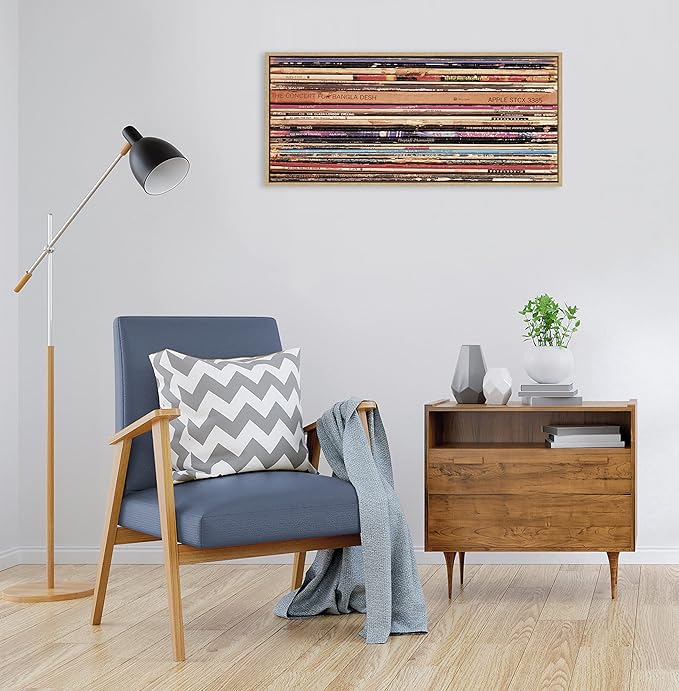 Kate and Laurel Sylvie 33RPM Framed Canvas Wall Art by Robert Cadloff of Bomobob; 18 x 40; Natural; Vinyl Record Art for Wall