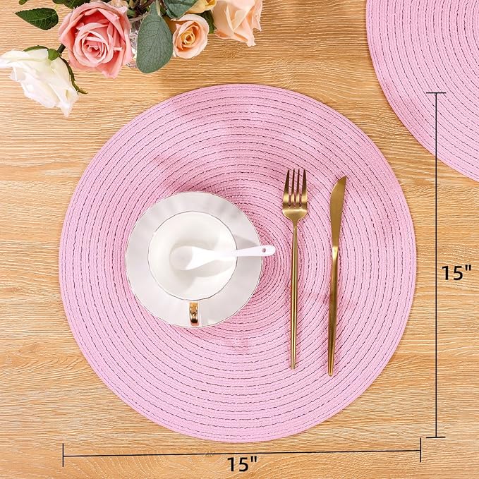 SHACOS Round Braided Placemats Set of 4 Washable 15 inch Round Table Mats for Dining Table Place Mats Home Wedding Party Decor (Pink, 4)