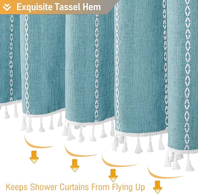 BTTN Boho Farmhouse Shower Curtain, Rustic Thick Striped Linen Fabric Shower Curtains Sets with Tassel, Water Resistant, Modern Aesthetic Vintage Shower Curtain with Hooks for Bathroom, 72x72, Teal