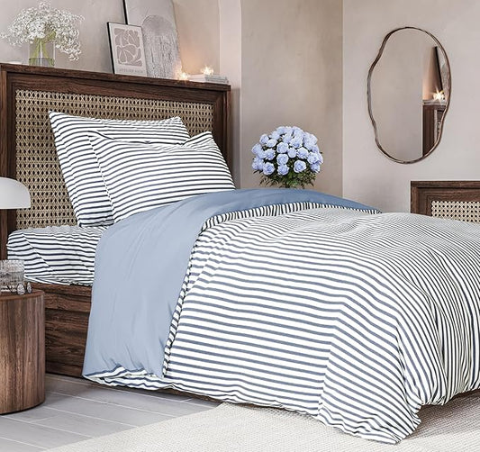 Duvet Cover Twin/Twin XL Size Set - Extra Soft Duvet Cover 68 x 90 with 1 Pillow Sham - Hotel Luxury, Easy Care and Fade Free w/Zipper Closures & Ties - Comfy, Breathable Bedding Set (Blue Stripes 2)