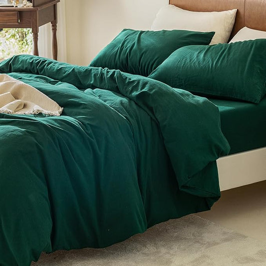 FOSSA Duvet Cover Set 100% Washed Cotton 3 Pieces Bedding Set Twill Soft Cozy Breathable Sturdy Substantial with Textured Weave Solid Green King