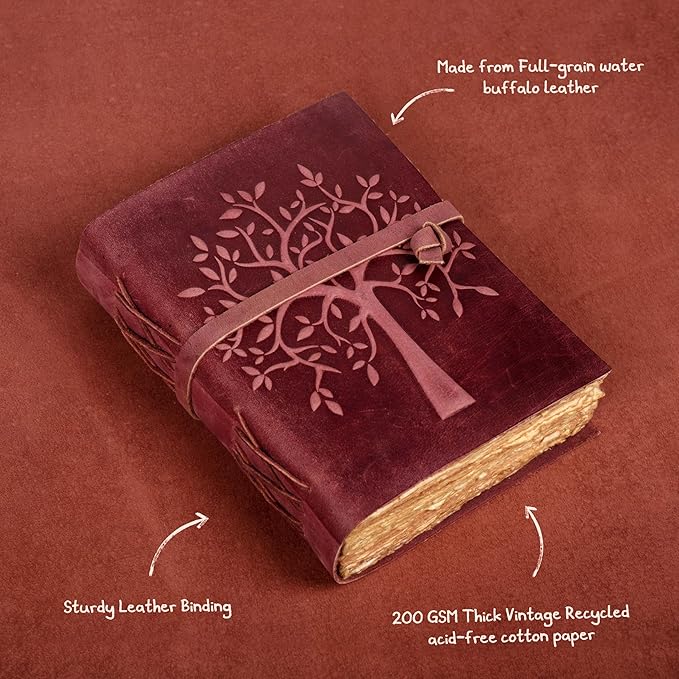 LEATHER VILLAGE Tree of Life Journal - 8"X6" (A5) inches - Fuchsia - 200 Antique Deckle Edge Handmade Paper – Book of Shadows - Vintage Leather Bound Journal for Women & Men