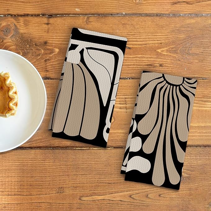 Abstract Boho Neutral Taupe and Beige Floral Kitchen Towels Set of 2, Retro 70s Groovy Floral Hand Towels for Bathroom, Modern Minimalist Botanical Dish Tea Towels for Kitchen Decor, 16x24 Inch