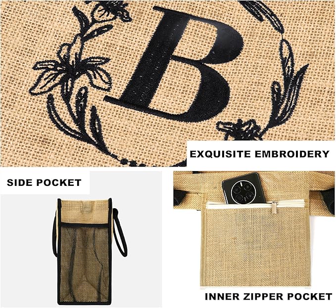 BeeGreen Embroidery Monogram Initial Tote Bag for Women Teacher Mom Friend Personalized Gift for Birthday Beach Work Wedding