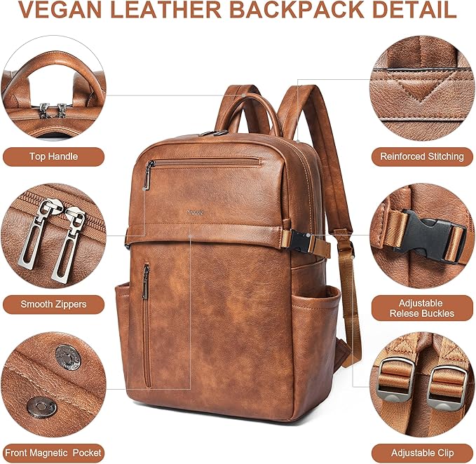 Leather Laptop Backpack for Women, 15.6 Inch Laptop Travel Backpack Purse Large Capacity Computer Bag, Casual Daypack Nurse Bag College Bookbag for School, Brown