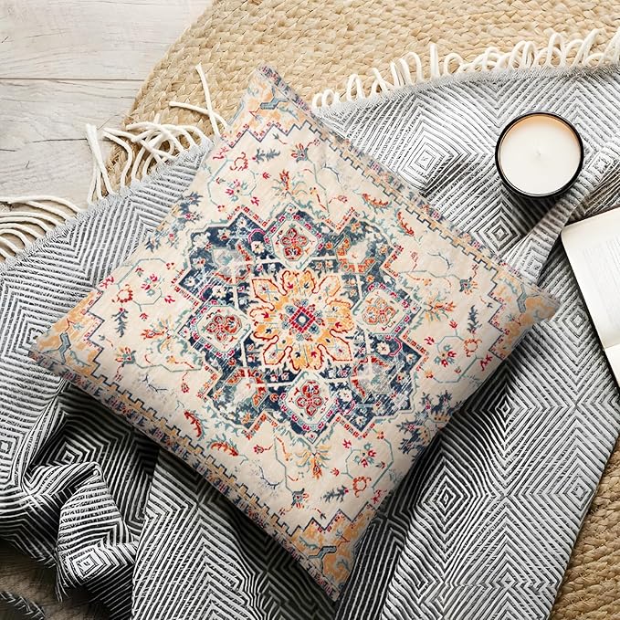 Boho Throw Pillow Covers 18x18 inch Set of 2,Bohemian Vintage Carpet Pattern Antique Ethnic Decor Double Sided Pattern Cushion Cover Soft Pillow Case Living Sofa Room Bed Square Pillow Cover