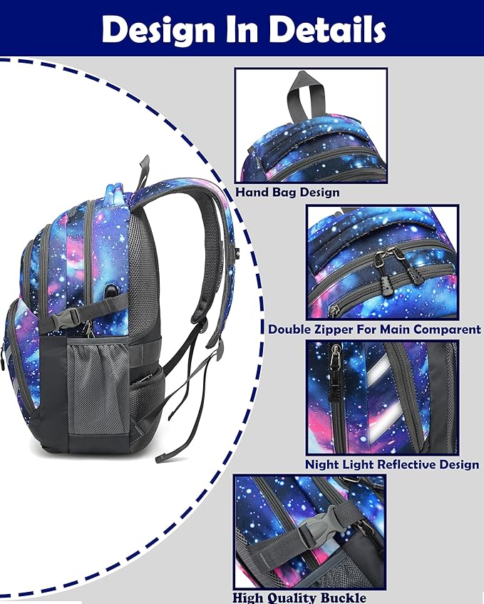 ProEtrade Backpack Bookbag for College Laptop Travel,Fit Laptop Up to 15.6 inch with USB Charging Port Multi Compartment Anti theft, Gift for Women Men (Galaxy)